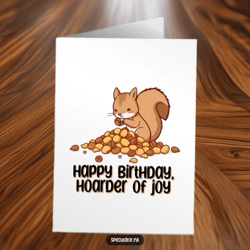 Funny Free Printable Birthday Card: Busy squirrel meticulously sorts nuts into neat piles, anticipating celebration. Humorous downloadable greeting.