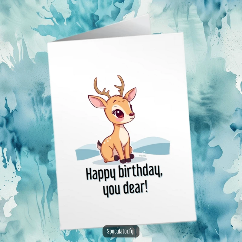 Funny Free Printable Birthday Card featuring a kawaii deer with a thoughtful expression gazing at a distant, inspiring horizon.
