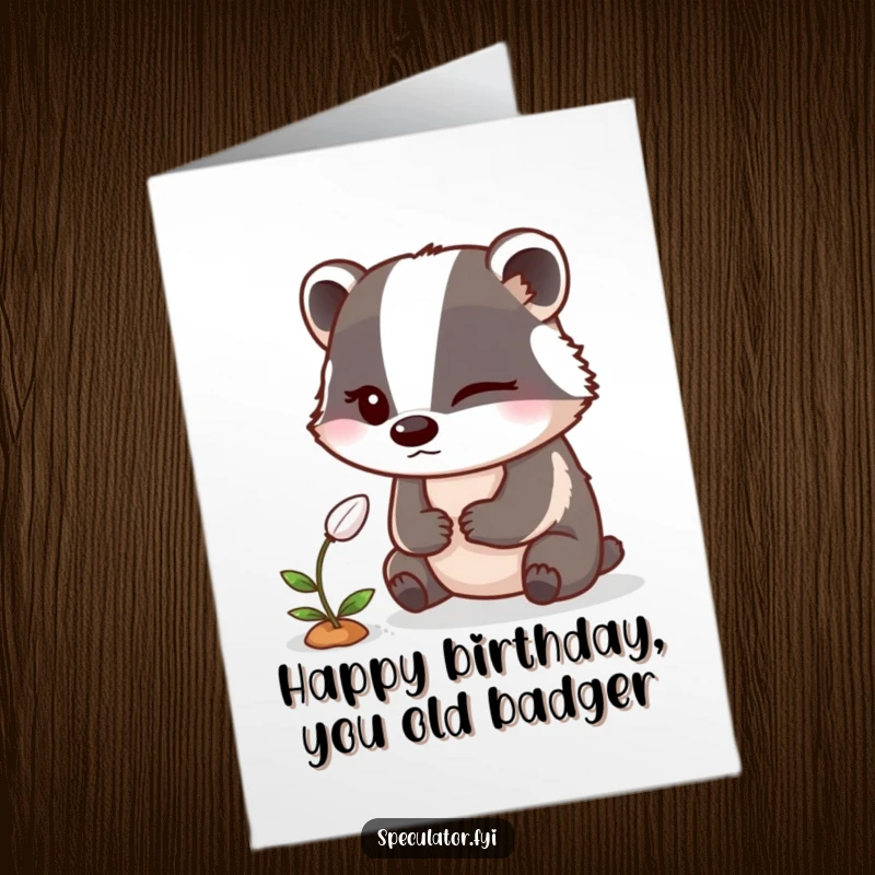 Funny Free Printable Birthday Card: A winking badger slyly observes a sprouting seed, sharing a birthday secret.