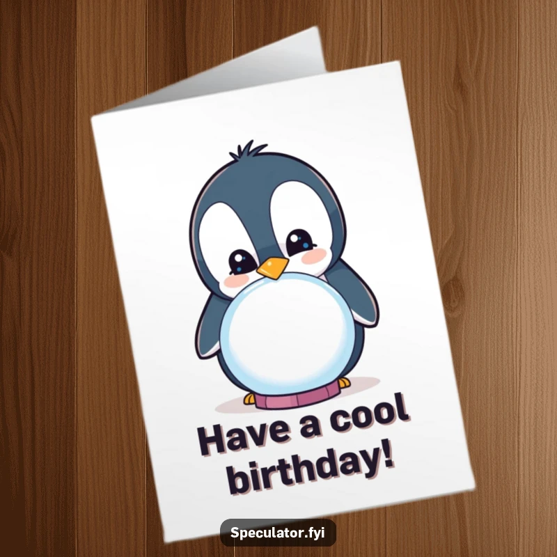 Funny Free Printable Birthday Card: A curious penguin smiles while peering into a crystal ball.