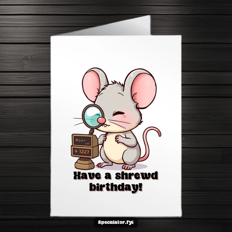 Funny Free Printable birthday card: A clever mouse wearing a tiny monocle intently examines a floating market ticker.