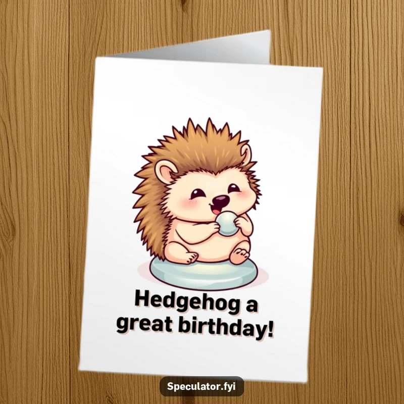 Funny free printable birthday card showing a happy hedgehog meticulously polishing a shiny button with pride.