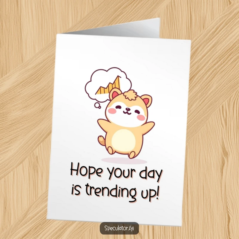 Funny Free Printable bouncing Kawaii animal with a thought bubble showing a rising graph, for a birthday card.