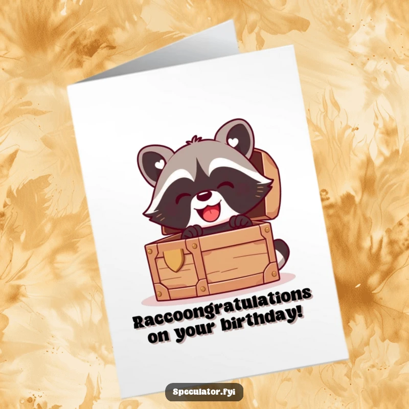 Funny Free Printable Birthday Card showing a kawaii raccoon peering into a treasure chest overflowing with glee and excitement.