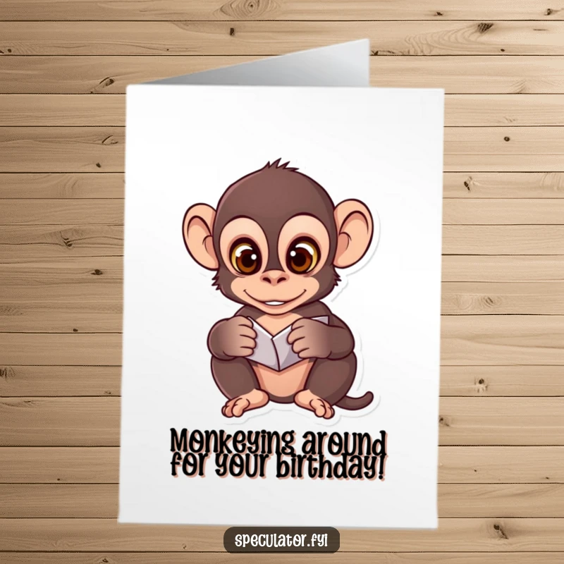 Funny Free Printable Birthday Card: A clever monkey with wide eyes intensely analyzes unfolding patterns, wishing a happy birthday.
