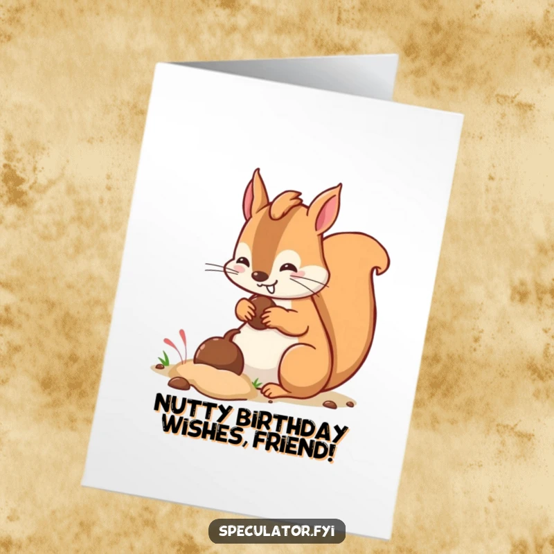 Funny Free Printable Birthday Card: A kawaii squirrel with a sly grin burying a nut, a cheeky birthday greeting.