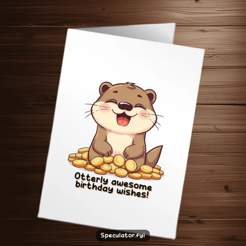 Funny Free Printable Birthday Card: Delighted otter grins widely amidst a pile of shiny coins. Wealthy celebration.