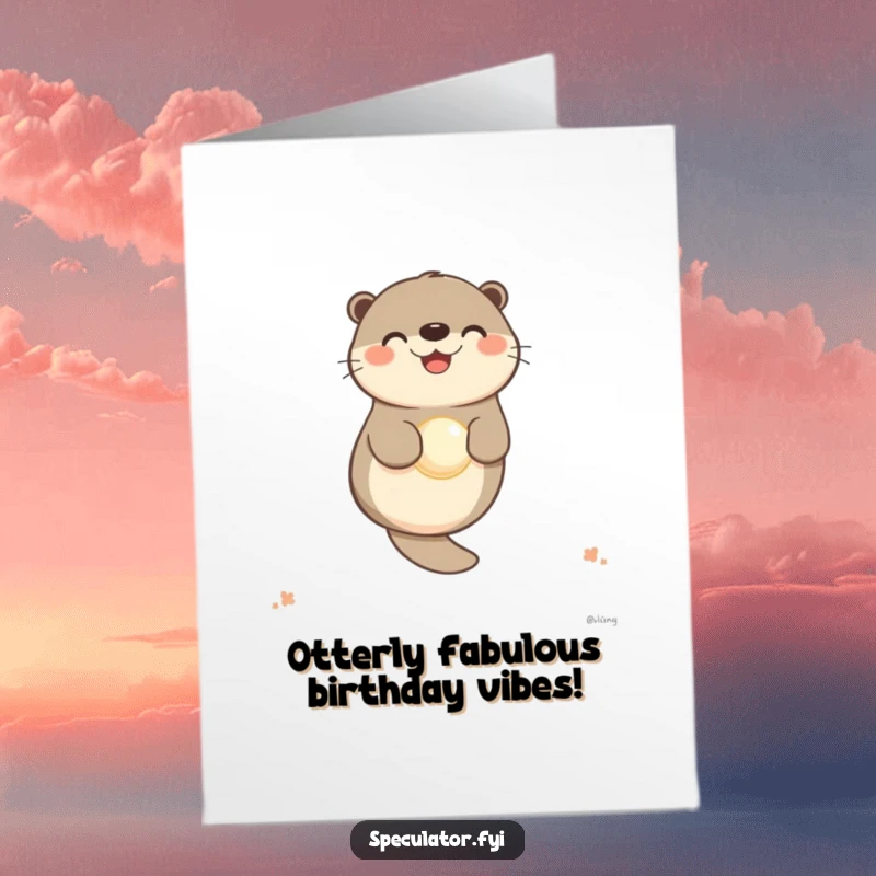 Funny Free Printable Birthday Card: A joyful otter character blissfully floating on its back, holding a lustrous pearl.