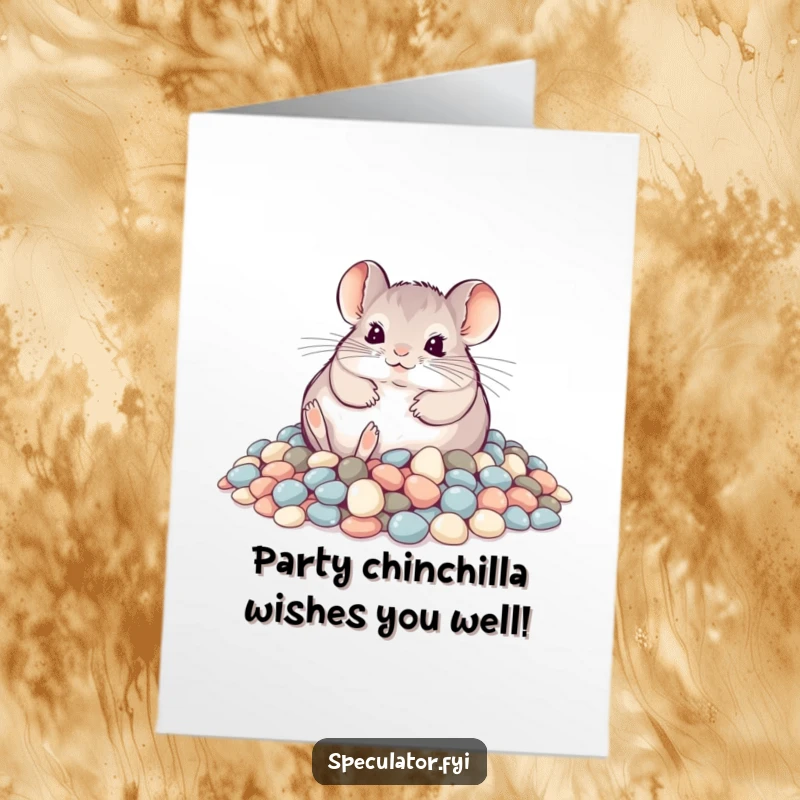Funny Free Printable Birthday Card: A playful chinchilla joyfully rolls around in a heap of shimmering pebbles.