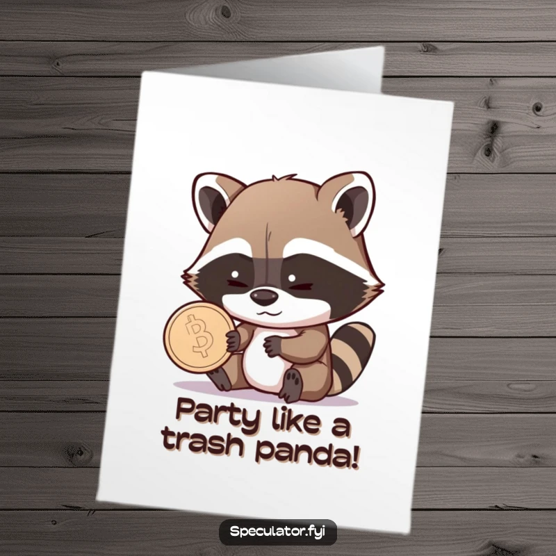 Funny Free Printable Raccoon Birthday Card: Shrewd raccoon examines a coin with a sly, knowing grin, wishing you happy birthday.