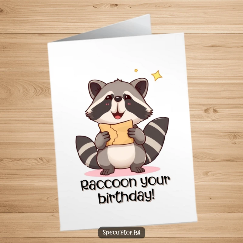 Funny free printable birthday card with a mischievous raccoon heroically holding a treasure map, seeking birthday riches.