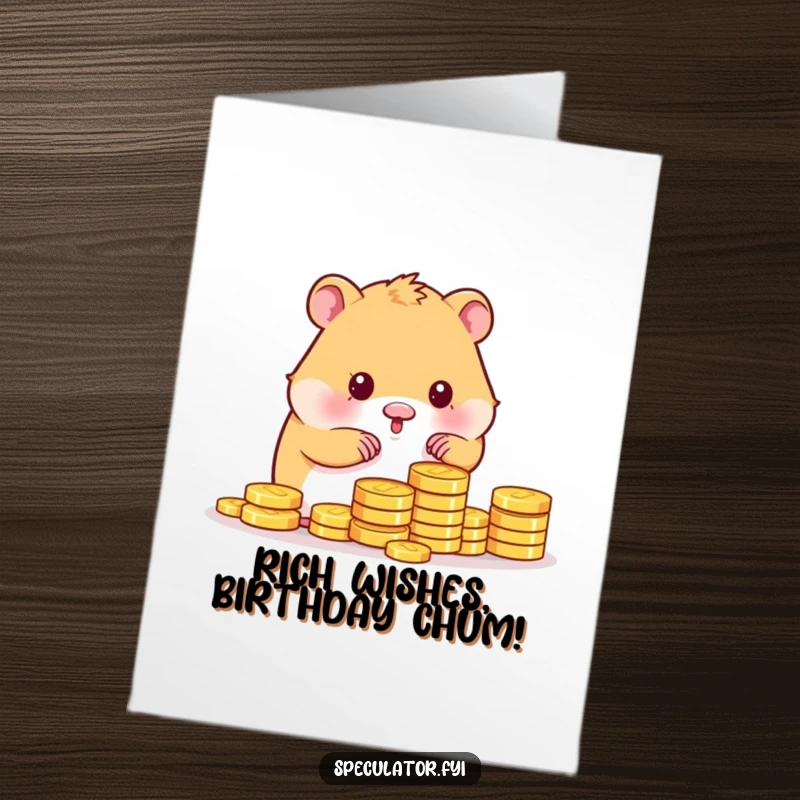 Funny Free Printable Birthday Card: Kawaii hamster meticulously counting gold coins, a charmingly greedy birthday surprise.