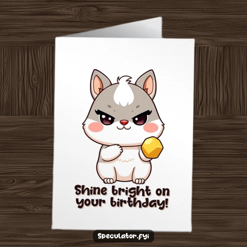 Funny Free Printable Kawaii animal with a sly wink, holding a golden nugget, perfect for a birthday card.
