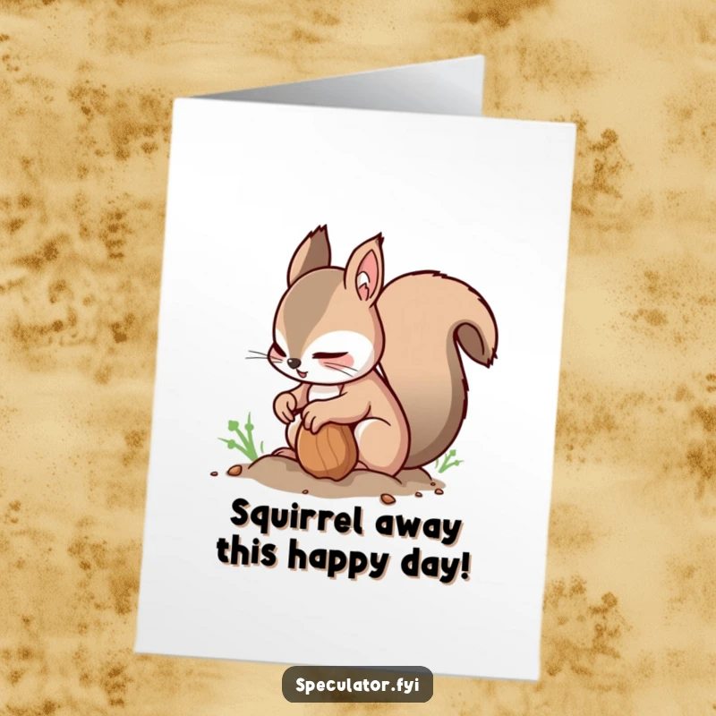Funny Free Printable Squirrel Birthday Card: Nimble squirrel buries nut, glancing around, wishing you a happy birthday.
