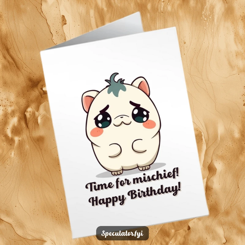 Funny Free Printable Birthday Card: Mischievous Kawaii creature grinning slyly, a perfect card for tricksters and pranksters.