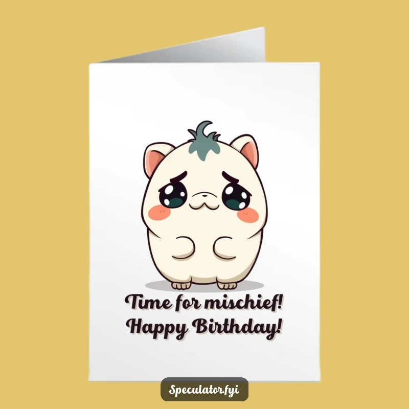 Free Printable Birthday Card: Mischievous Kawaii Creature, Perfect Downloadable Humor Gift for Tricksters