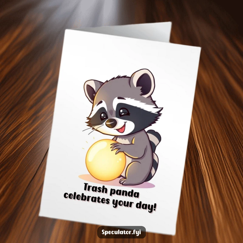 Funny Free Printable Birthday Card: A happy raccoon gazes with delight at a mysterious, glowing orb.