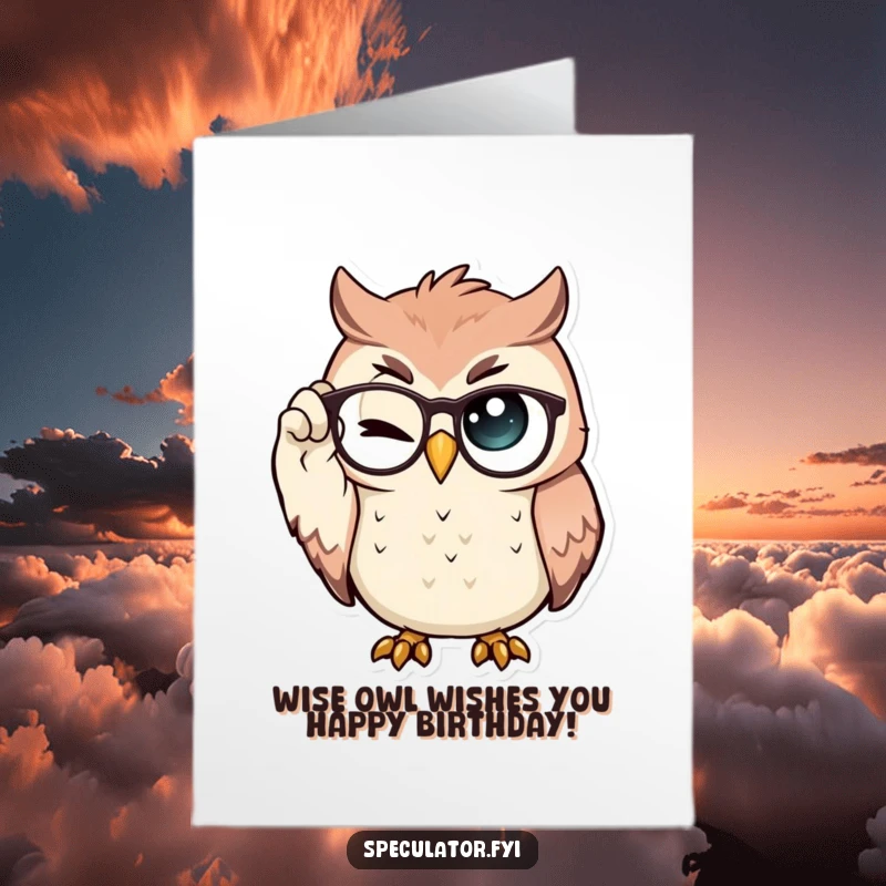 Funny Free Printable Birthday Card featuring a proud owl adjusting spectacles and giving a knowing wink, ready to celebrate wisdom.