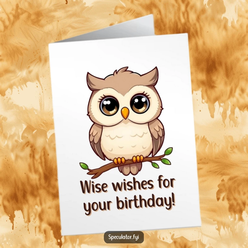 Funny Free Printable Birthday Card: A thoughtful owl with large eyes gazes into the distance from a branch, wishing happy birthday.