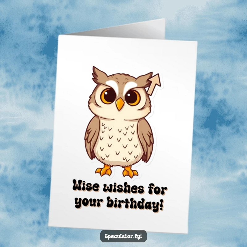 Funny Free Printable Birthday Card: A curious owl tilts its head, watching a rising arrow icon with interest.