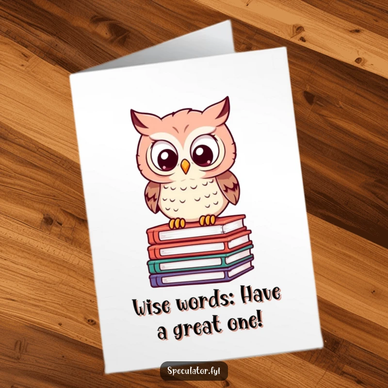 Funny Free Printable Owl Birthday Card: Clever owl on books calculates, eyes wide, wishing you a wise happy birthday.