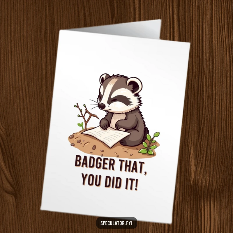 Funny Free Printable Congratulations Card: A thoughtful badger character sketches a winning plan in the dirt, celebrating victory.