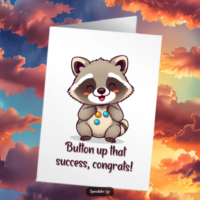 Funny Free Printable Congratulations Card: A gleeful raccoon is overjoyed counting a treasure trove of shiny buttons.