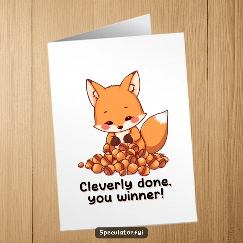 Funny Free Printable Fox Congratulations Card: Resourceful fox counts shiny acorns, celebrating your success with sly humor.