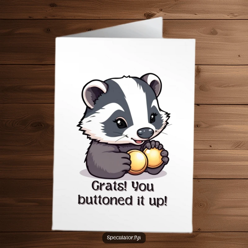 Funny Free Printable Congratulations Card: A determined badger inspects a shiny button with a smile, celebrating a win.