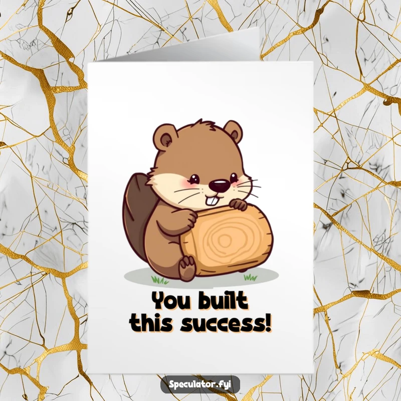 Funny free printable congratulations card with a resourceful beaver examining a log, ready to build success, a great downloadable gift.