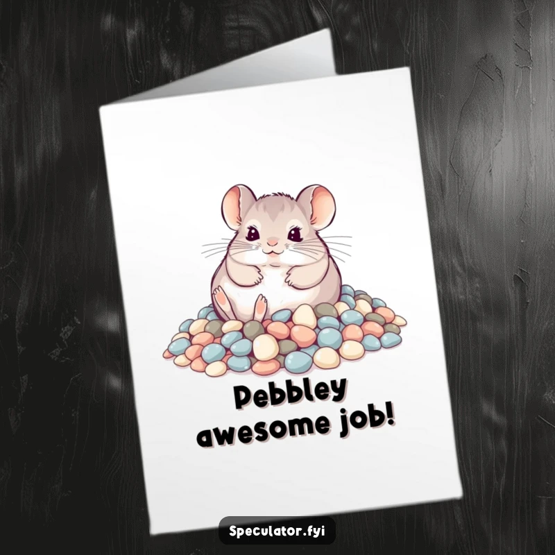 Funny Free Printable Congratulations Card: A playful chinchilla rolls happily in shimmering pebbles, celebrating an achievement.