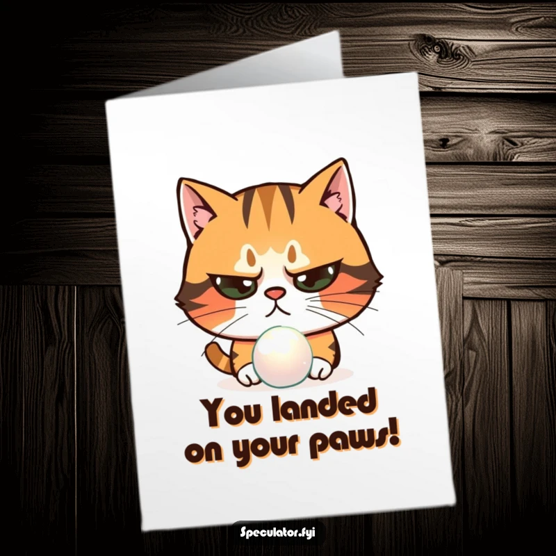 Funny Free Printable Congratulations Card: A skeptical cat examining a shiny object with narrowed eyes, perhaps doubting the achievement.