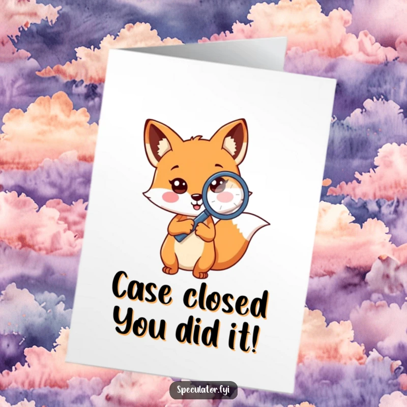 Funny Free Printable Congratulations Card: A fox intently studying a question mark with a magnifying glass, celebrating discovery.