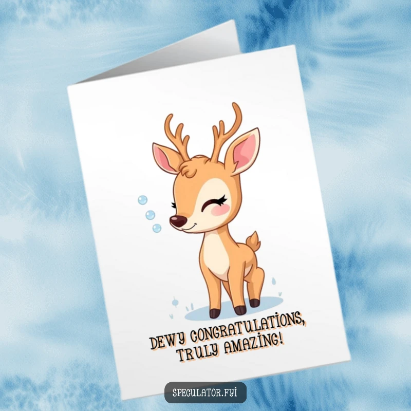 Gentle Free Printable Congratulations Card: A deer looks on with pure delight at a perfectly formed dewdrop.