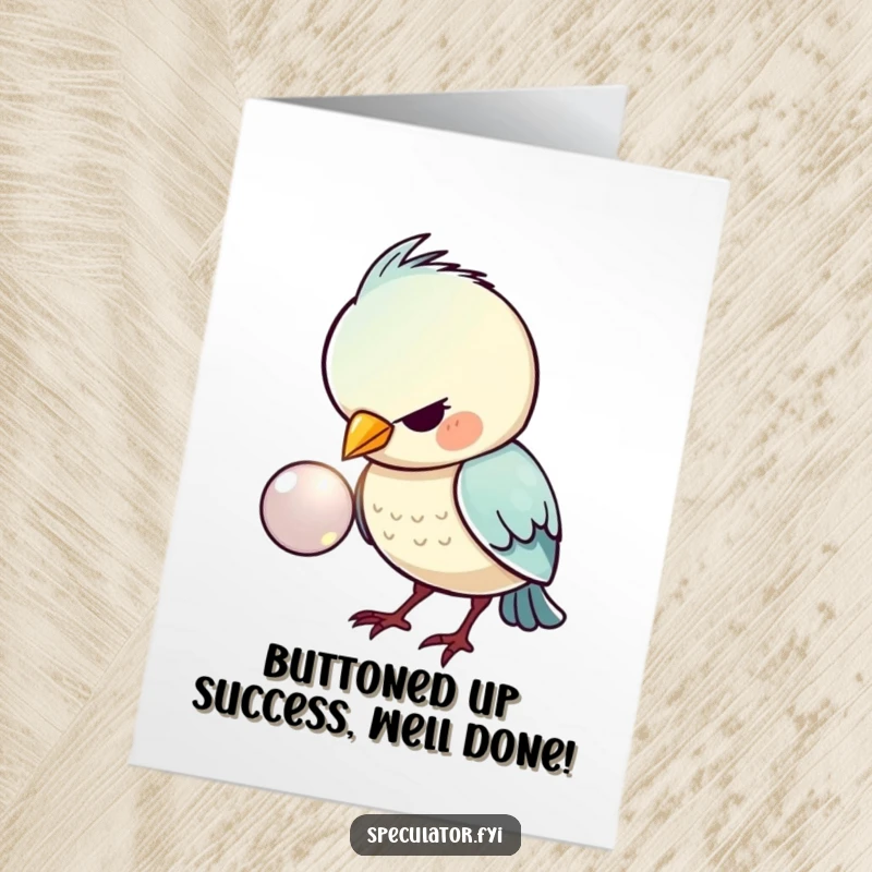 Funny Free Printable Congratulations Card: A kawaii bird with intense focus on a shiny button, a unique downloadable greeting.