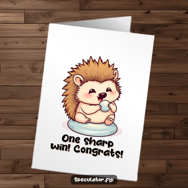 Funny free printable congratulations card featuring a content hedgehog polishing a very shiny button, celebrating achievements.