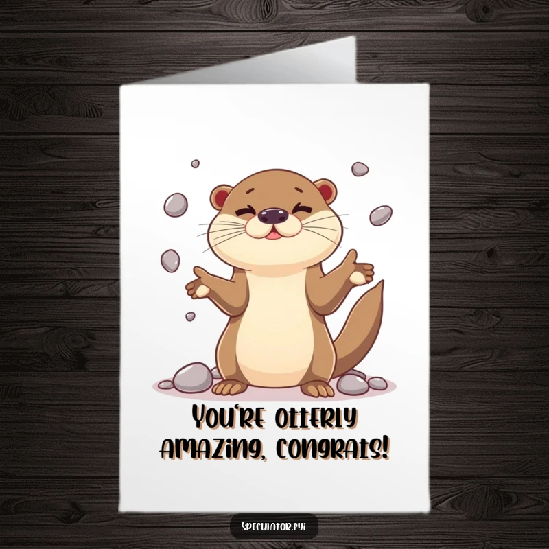 Funny Free Printable Congratulations Card: A playful otter character juggles shiny pebbles, celebrating a successful accomplishment.