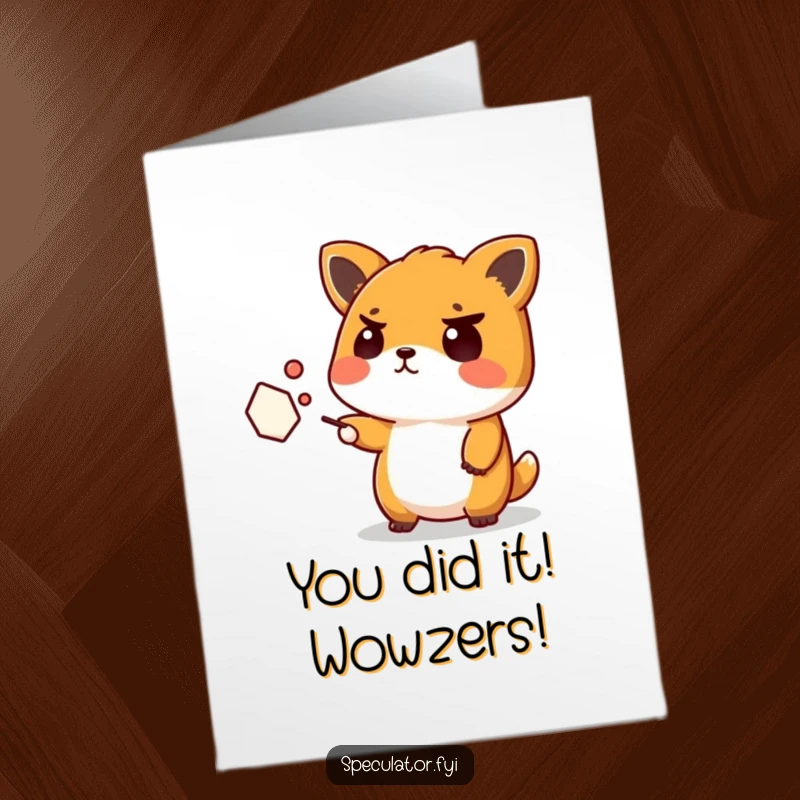 Funny Free Printable Congratulations Card: Kawaii animal staring confusedly at an abstract shape, ideal for witty greetings.