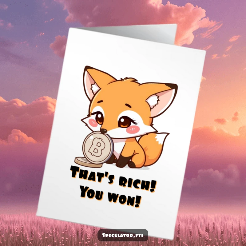 Funny Free Printable Congratulations Card: A curious fox with alert ears intently watches a spinning coin, celebrating your fantastic luck.