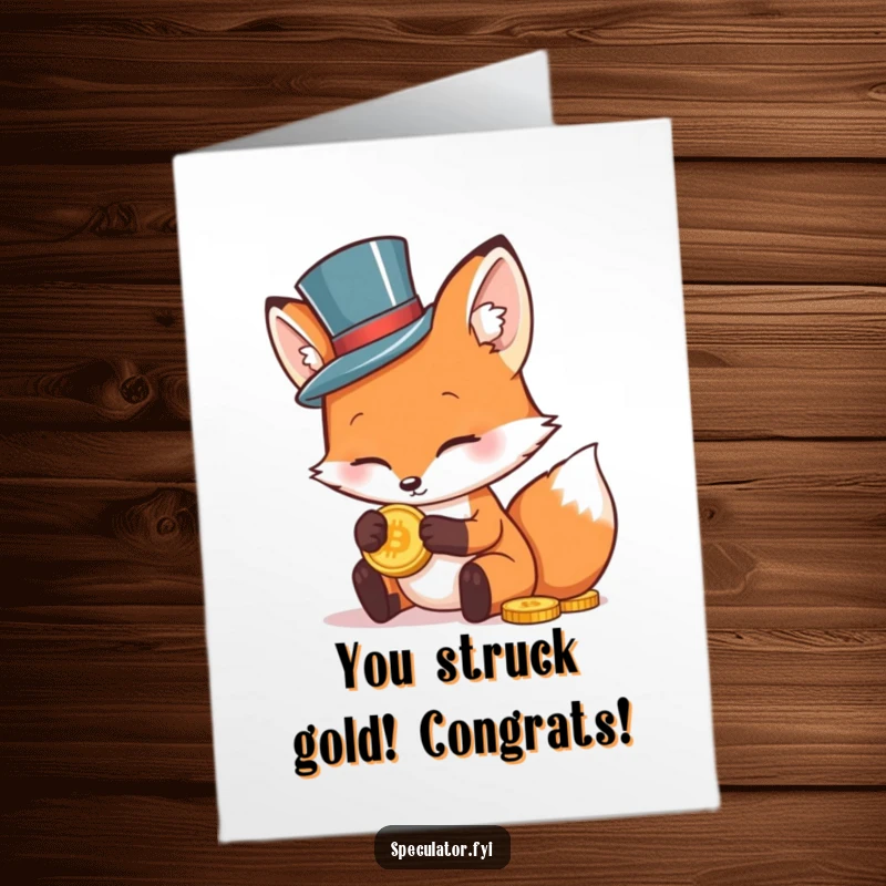 Funny Free Printable Congratulations Card: Dapper fox in top hat holds gold coin, celebrating victory. Hilarious downloadable greeting.