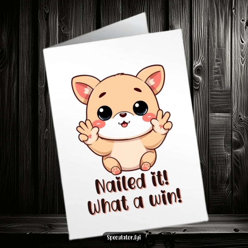 Funny Free Printable Kawaii animal stock trader, celebrating a win with a buy low, sell high gesture, for a congrats card.