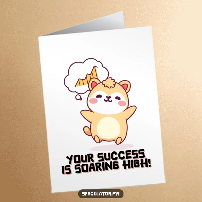 Funny Free Printable Kawaii animal bouncing, with a thought bubble showing a rising graph, for a congratulations card.