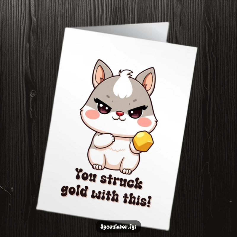 Funny Free Printable Kawaii animal winking, holding a tiny golden nugget, for a congratulations card.