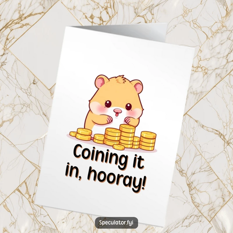 Funny Free Printable Congratulations Card: A kawaii hamster beaming while hoarding a pile of gold coins, a rich celebration.