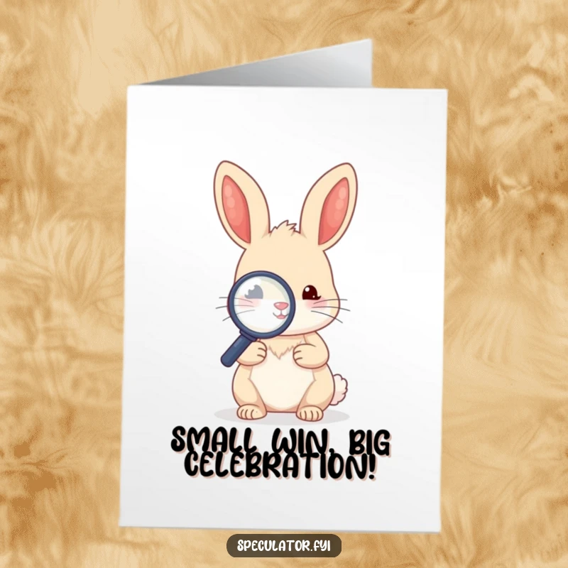 Funny Free Printable Congratulations Card: A kawaii rabbit using a magnifying glass to examine a small item, celebrating a keen discovery.