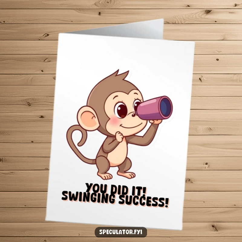 Funny Free Printable Monkey Congratulations Card: Monkey uses spyglass to spot banana, celebrating your success hilariously.