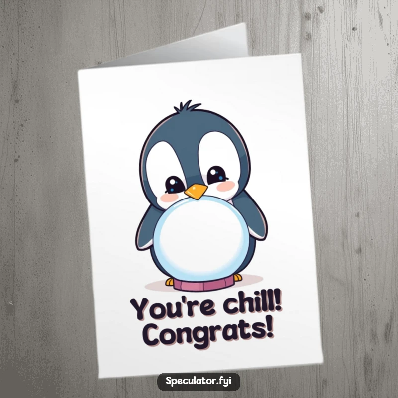 Funny Free Printable Congratulations Card: A curious penguin smiles into a crystal ball, foreseeing great success.