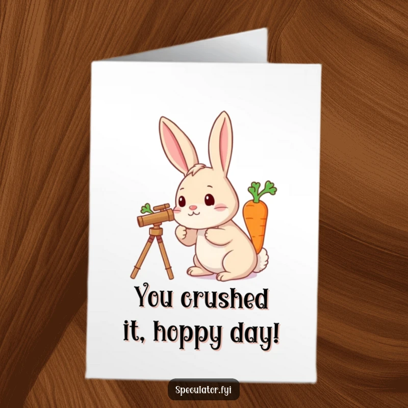 Funny Free Printable Congratulations Card: Rabbit uses telescope to find a massive carrot, signifying success. Humorous downloadable greeting.