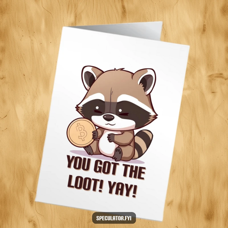 Funny Free Printable Raccoon Congratulations Card: Shrewd raccoon grins at a shiny coin, celebrating your success cheekily.