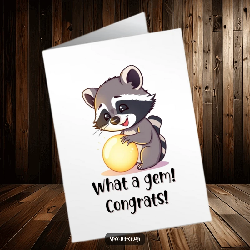 Funny Free Printable Congratulations Card: A happy raccoon examines a mysterious glowing orb with delight, celebrating success.